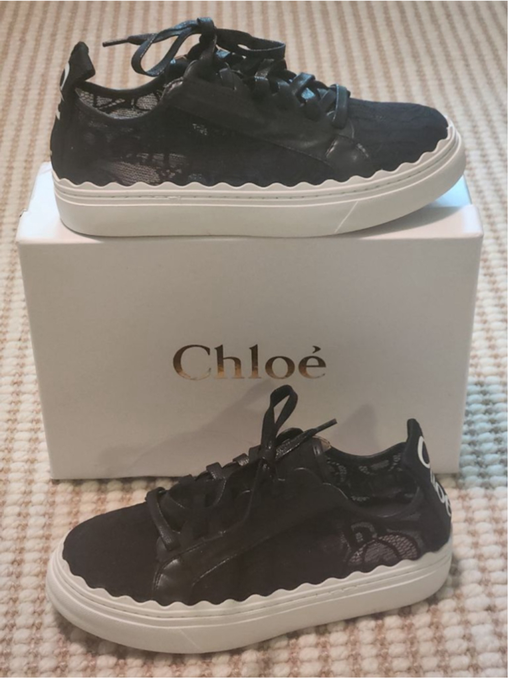 Women's Chloé Black Lace Lauren Scalloped Sneakers Size 38/7.5